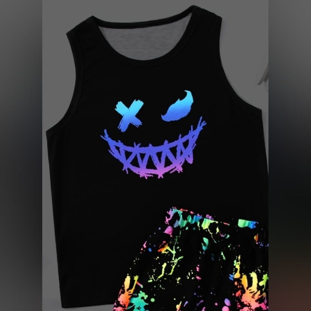 SHEIN Boys Reflective Cartoon Graphic Tank Top & Splash Ink Print Shorts